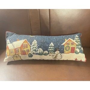 Handmade Vintage Christmas Needlepoint Throw Pillow Let It Snow Village Unique